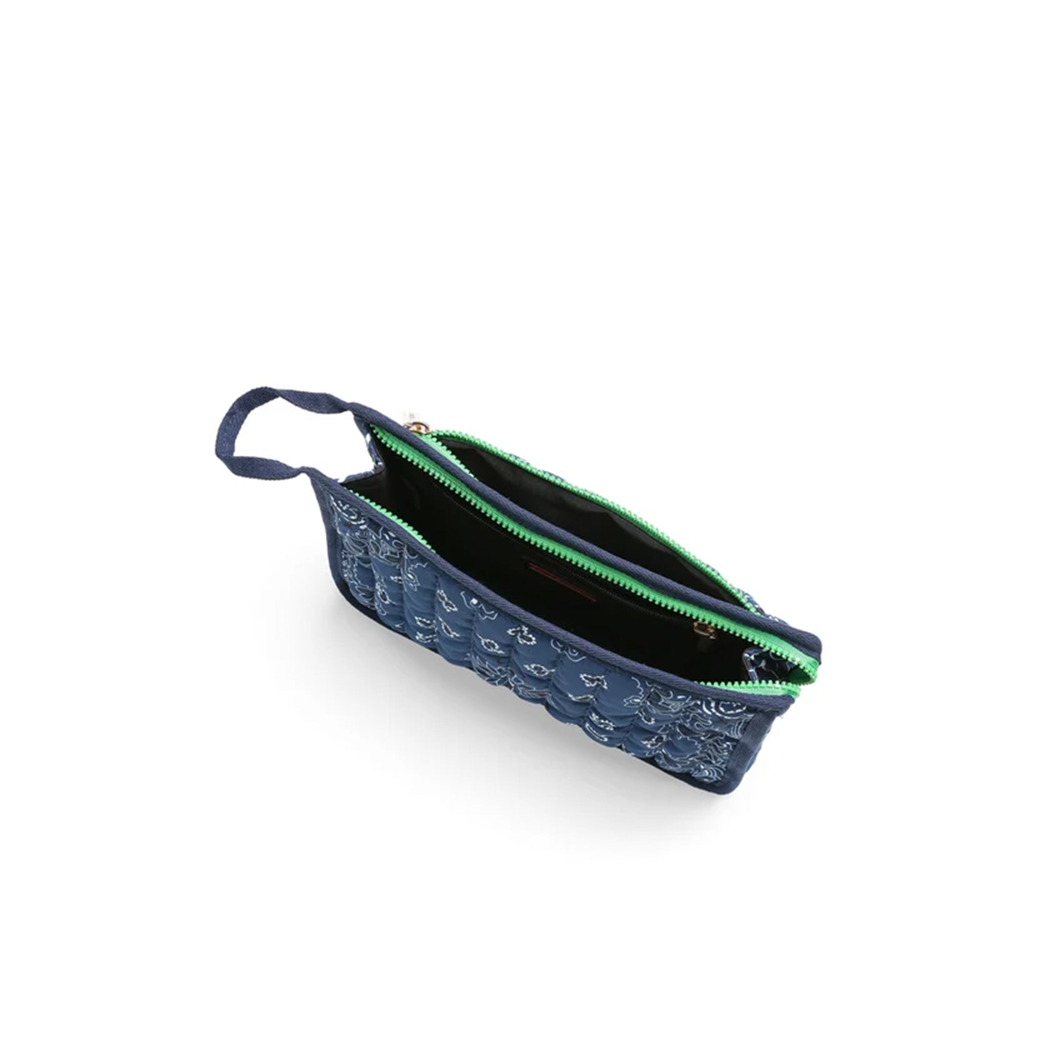 A navy blue quilted pouch with a matching fabric handle, shown open to reveal a black interior lined with a bright green zipper. The pouch features a subtle tonal pattern of small figures and is photographed on a clean white background.