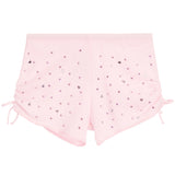 Pink shorts with decorative rhinestone elements on a white background