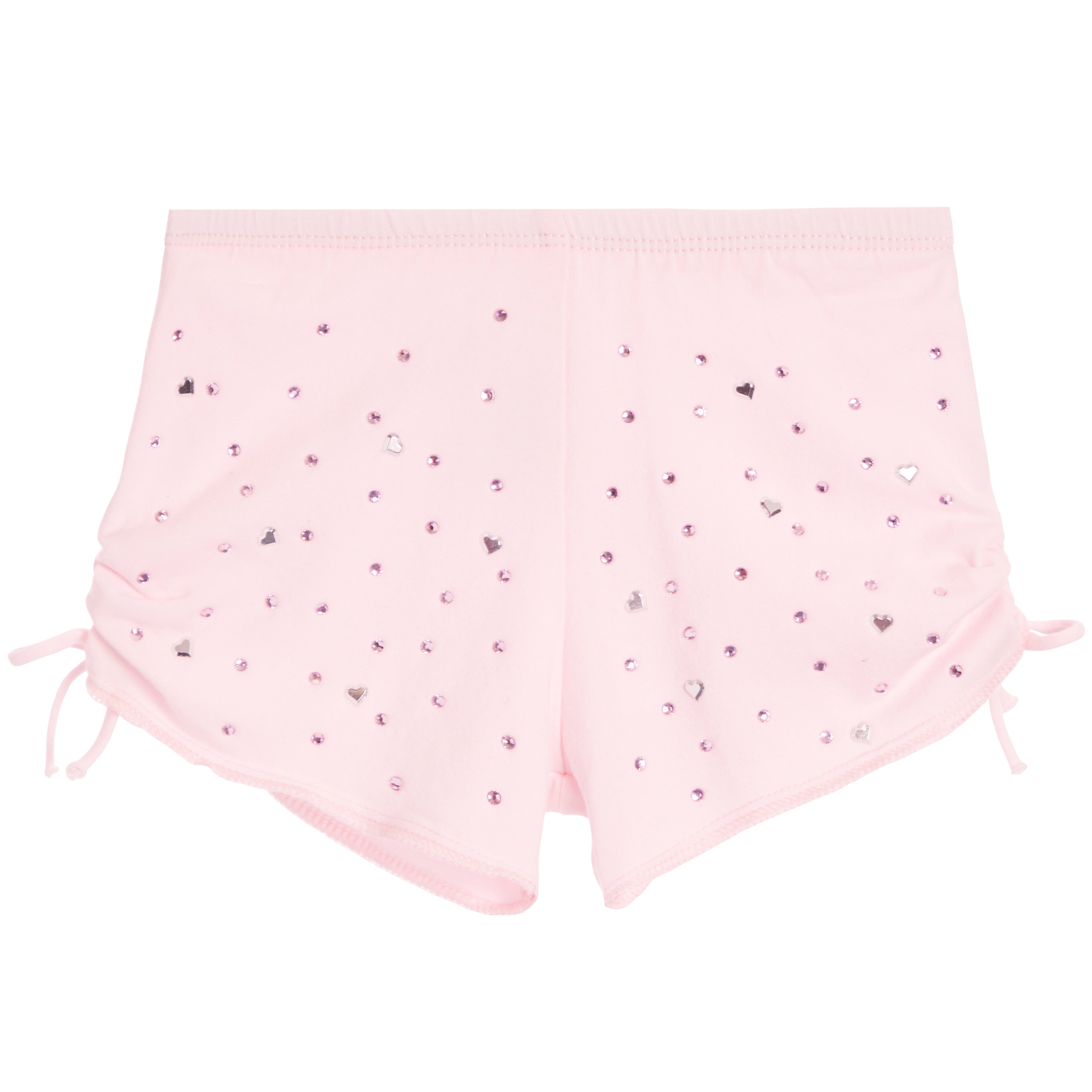 Pink shorts with decorative rhinestone elements on a white background