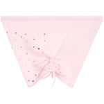 Side view of pink shorts with decorative rhinestone elements on a white background