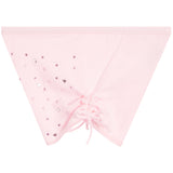 Side view of pink shorts with decorative rhinestone elements on a white background