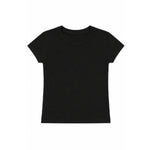 A black short-sleeve crewneck t-shirt displayed flat against a solid white background.