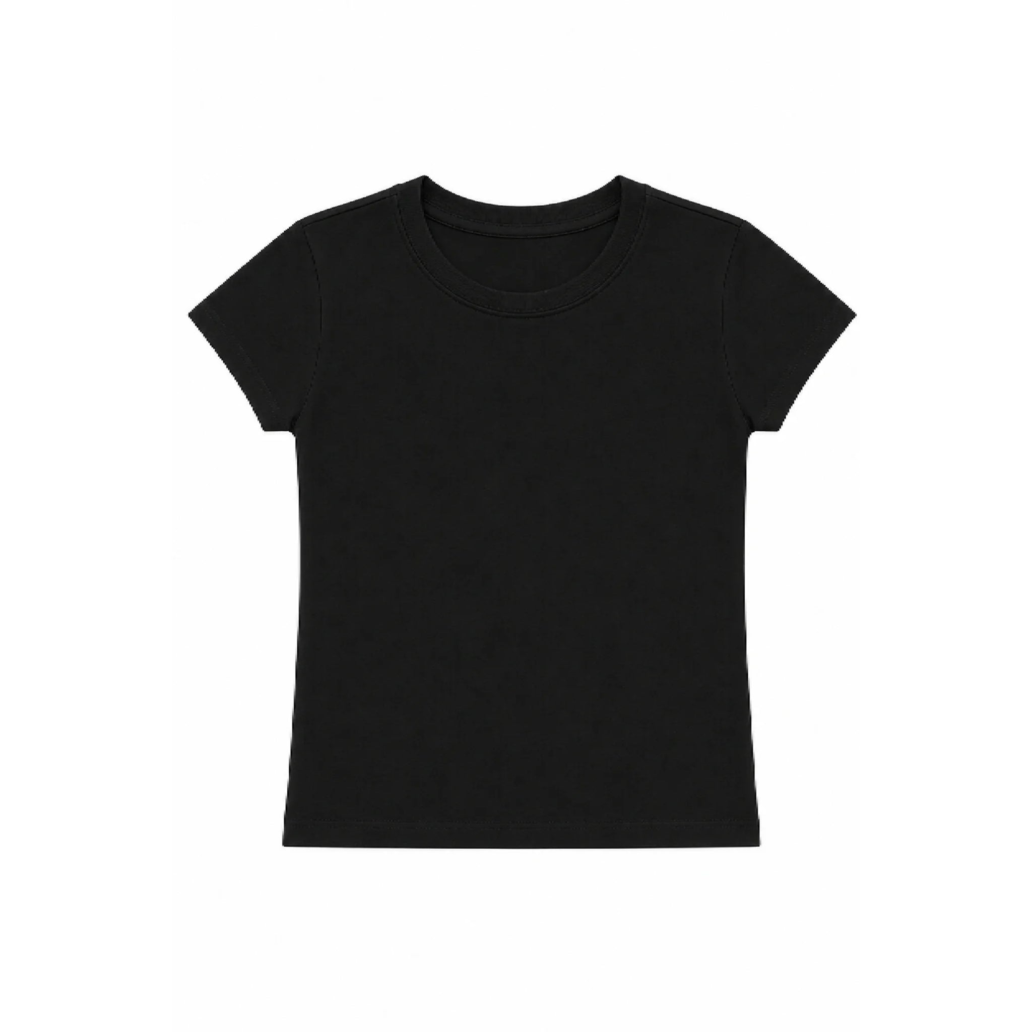 A black short-sleeve crewneck t-shirt displayed flat against a solid white background.