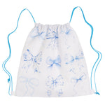 White drawstring bag with blue bow patterns on a white background