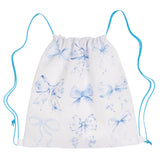 White drawstring bag with blue bow patterns on a white background