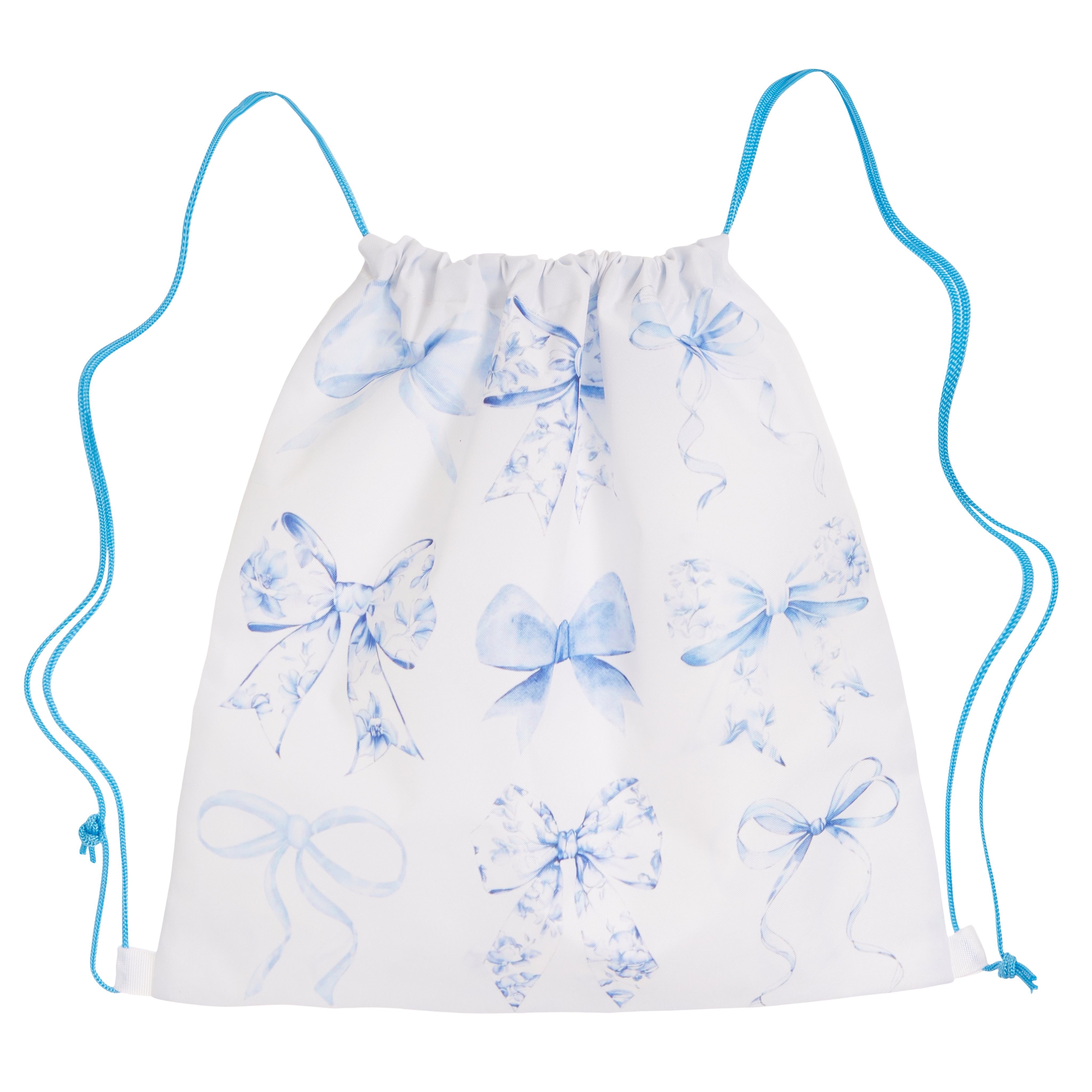 White drawstring bag with blue bow patterns on a white background