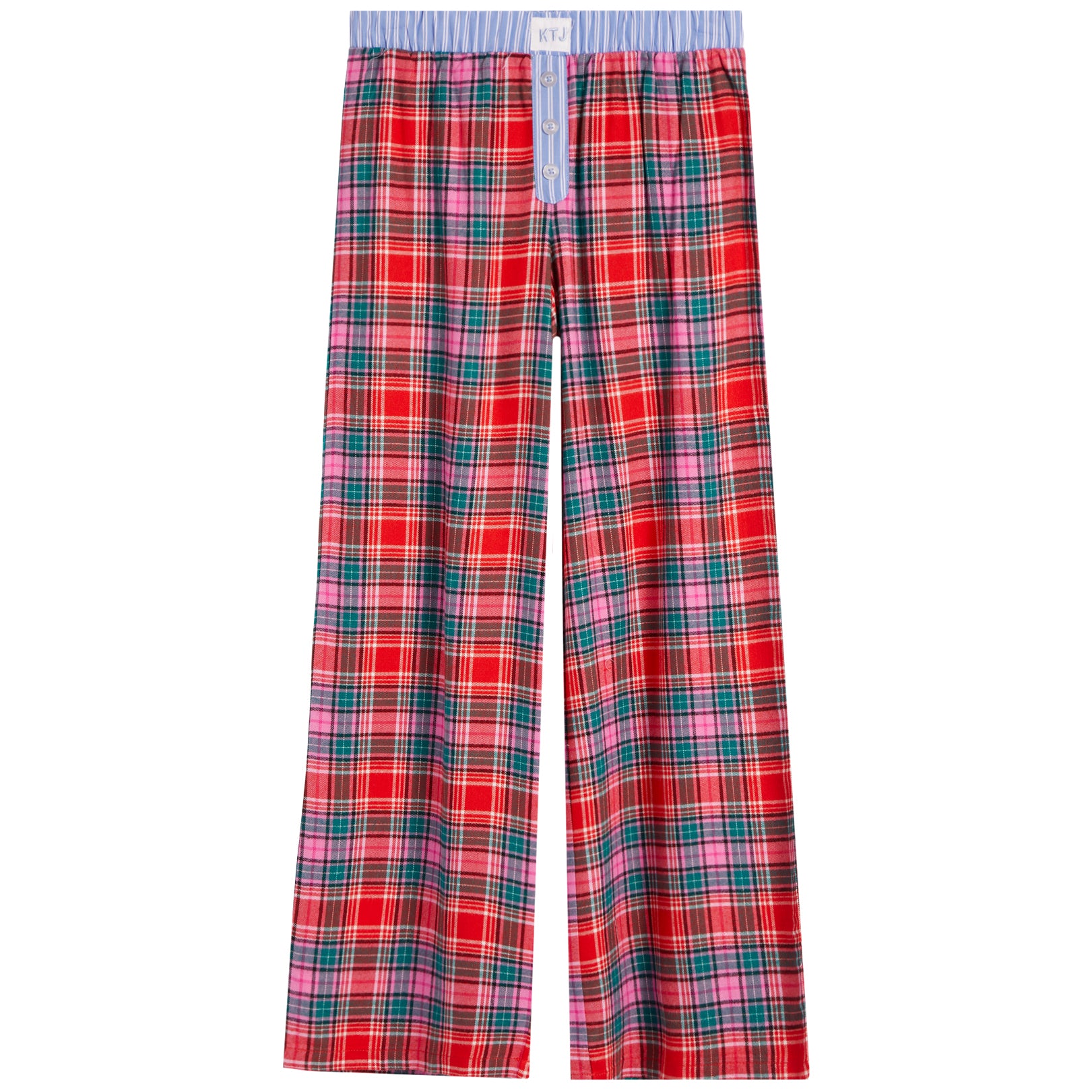 Red plaid pajama pants with a blue and white striped waistband, featuring a pink and green tartan pattern.