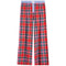 Red plaid pajama pants with a blue and white striped waistband, featuring a pink and green tartan pattern.