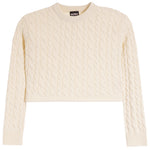 An off-white cable-knit cropped sweater with a crew neck and ribbed cuffs, shown flat on a white background.
