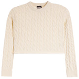 An off-white cable-knit cropped sweater with a crew neck and ribbed cuffs, shown flat on a white background.