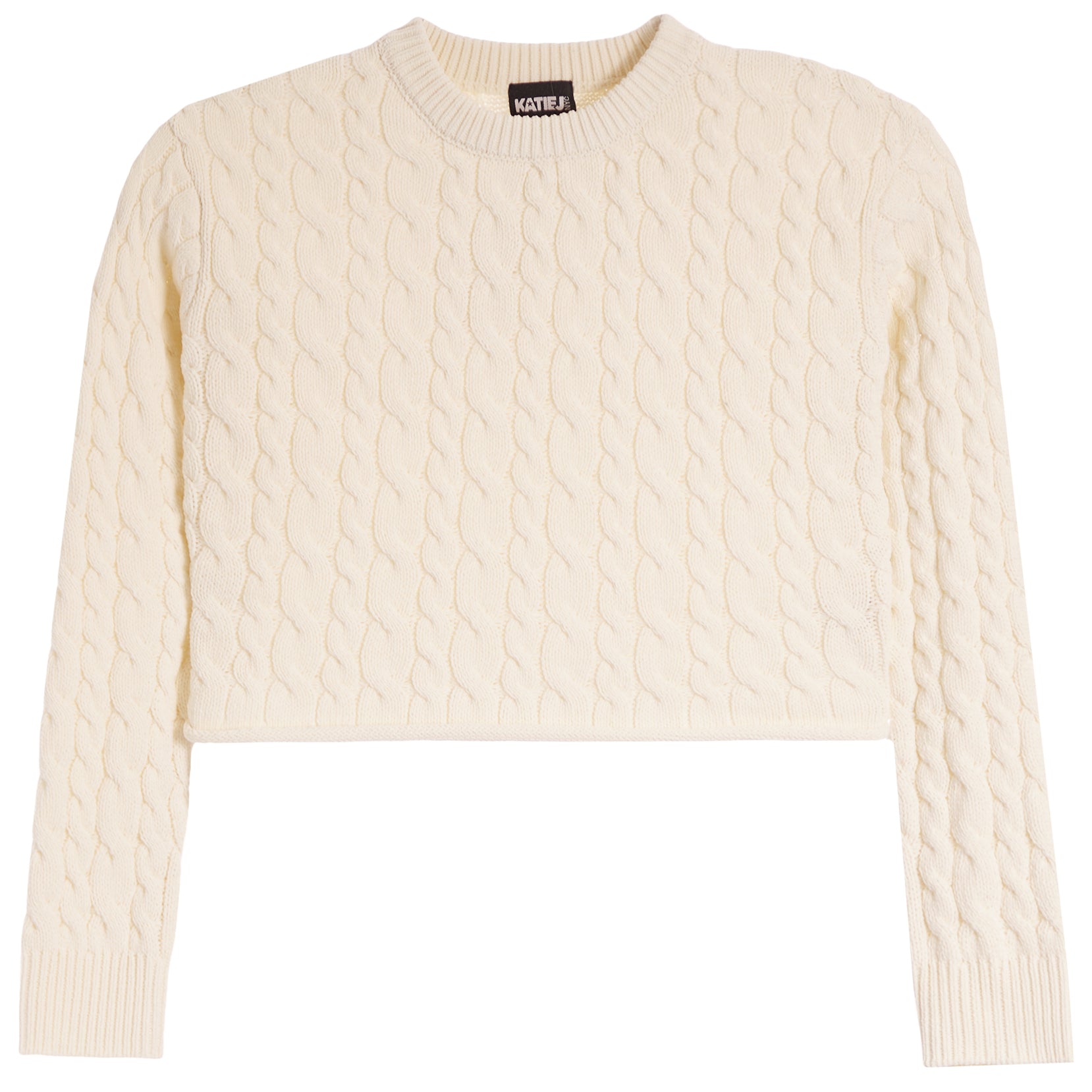 An off-white cable-knit cropped sweater with a crew neck and ribbed cuffs, shown flat on a white background.