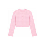 A light pink cropped cardigan sweater with long sleeves, featuring a subtle heart pattern and a button-up front, displayed on a solid white background.