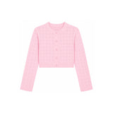 A light pink cropped cardigan sweater with long sleeves, featuring a subtle heart pattern and a button-up front, displayed on a solid white background.
