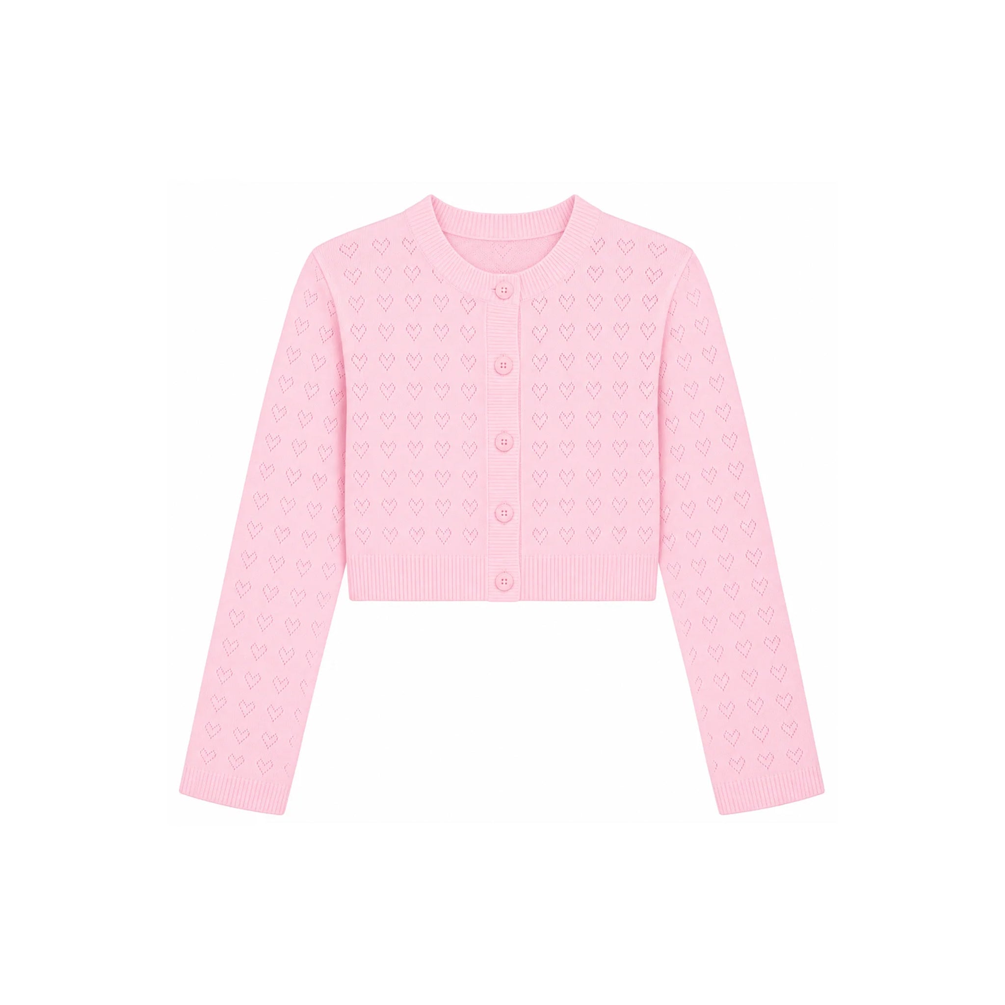 A light pink cropped cardigan sweater with long sleeves, featuring a subtle heart pattern and a button-up front, displayed on a solid white background.