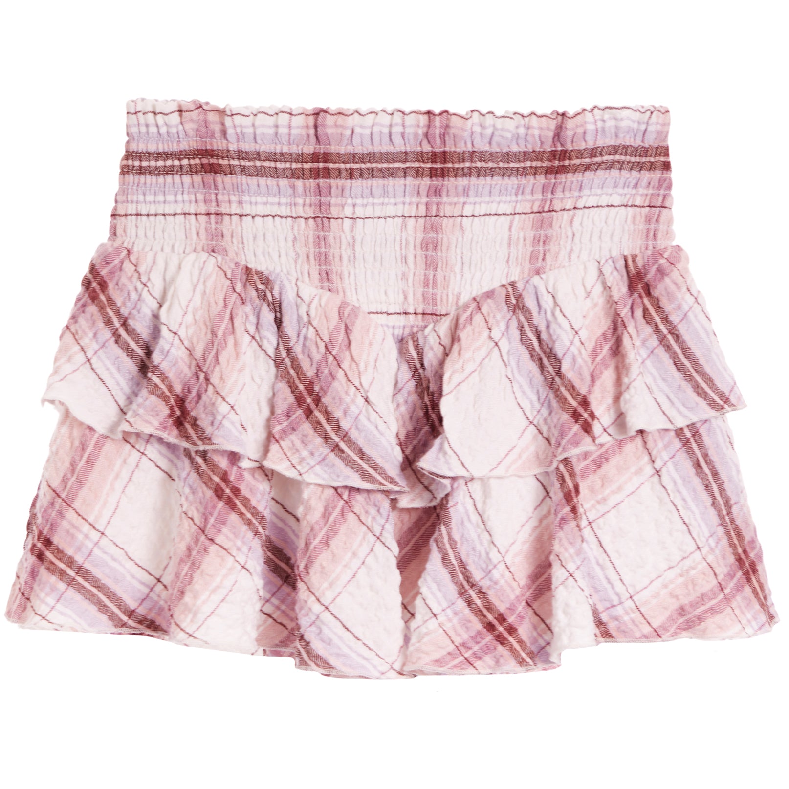 A tiered ruffle mini skirt in a pink and white plaid pattern, featuring a smocked elastic waistband, shown against a plain white background.