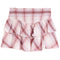 A tiered ruffle mini skirt in a pink and white plaid pattern, featuring a smocked elastic waistband, shown against a plain white background.