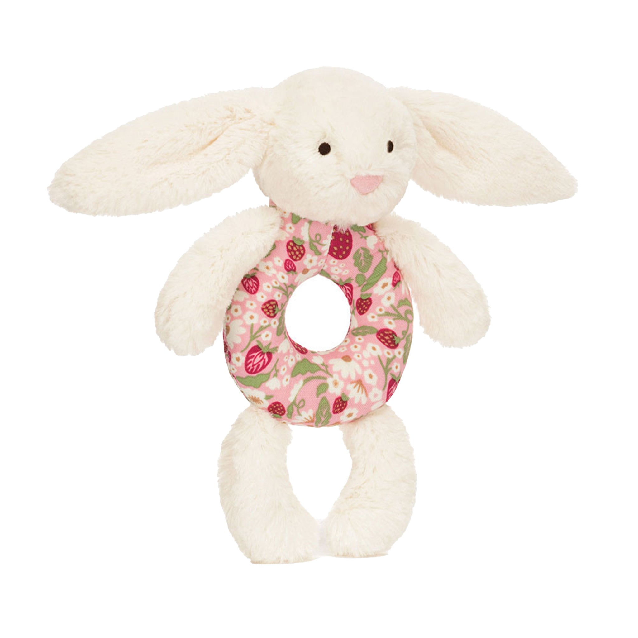 Plush blossom creme bunny berry ring rattle on a white background