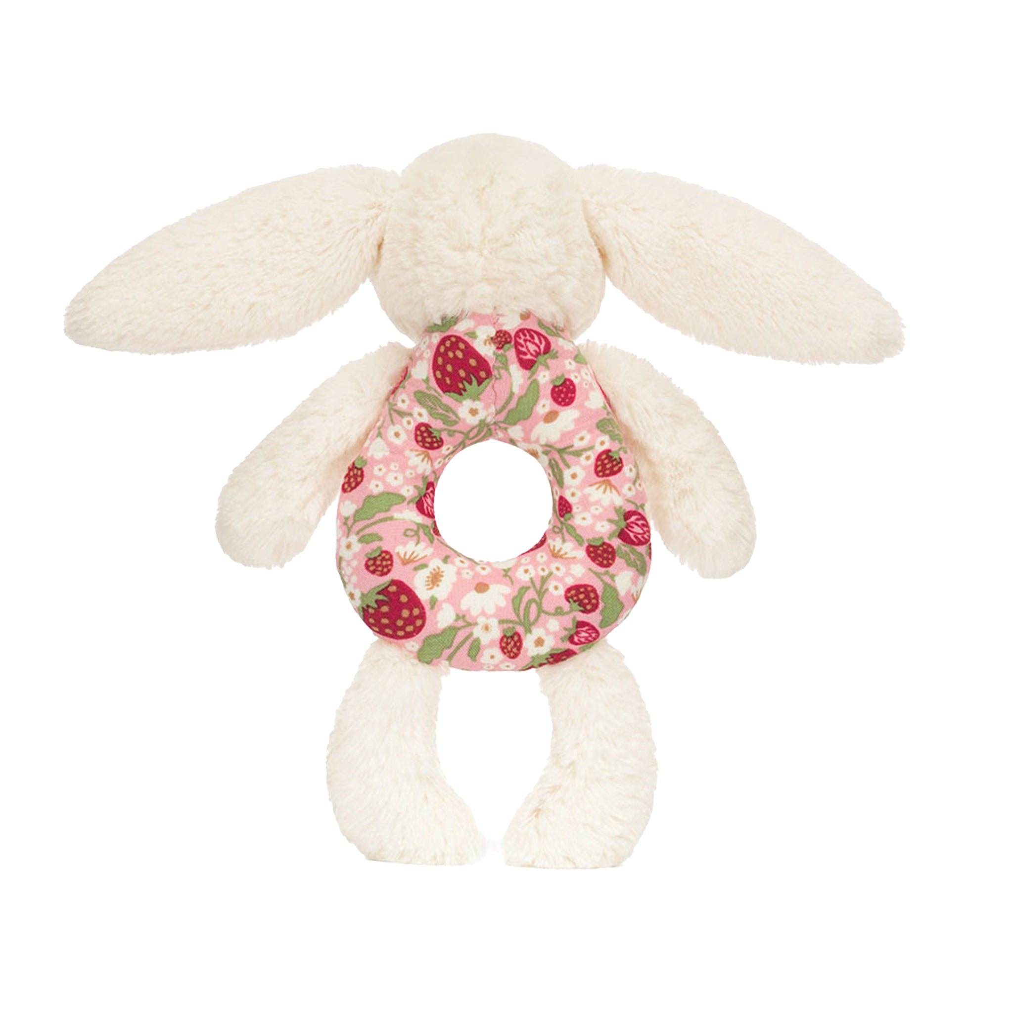 Plush blossom creme bunny berry ring rattle on a white background