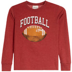 A kids' long-sleeve t-shirt in heathered red, featuring a distressed white 'FOOTBALL' graphic and a brown watercolor-style football on the front.