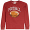A kids' long-sleeve t-shirt in heathered red, featuring a distressed white 'FOOTBALL' graphic and a brown watercolor-style football on the front.