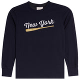 A navy blue long-sleeve crewneck sweatshirt featuring a white 'New York' script graphic and a light brown baseball bat printed across the chest.
