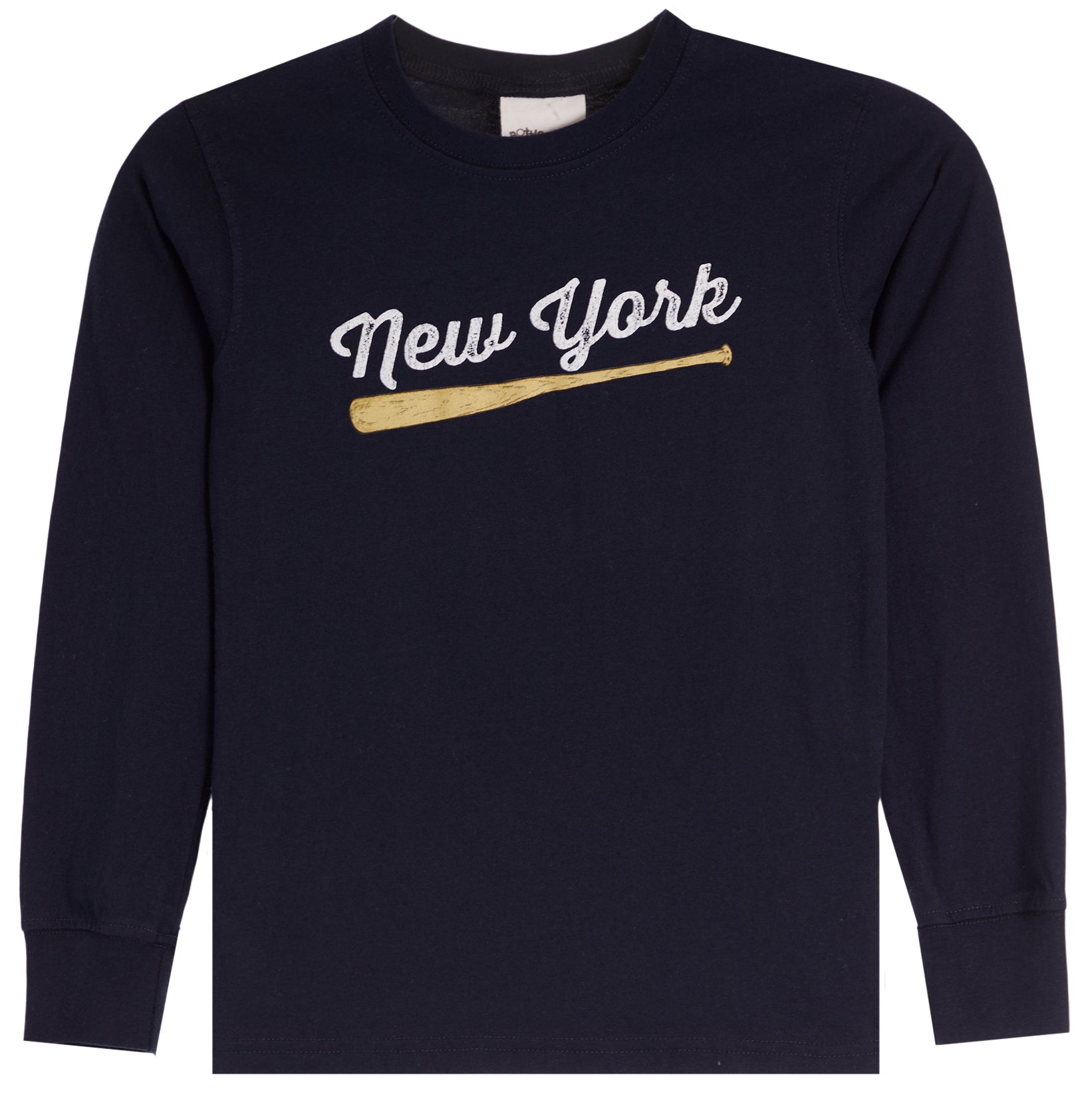 A navy blue long-sleeve crewneck sweatshirt featuring a white 'New York' script graphic and a light brown baseball bat printed across the chest.