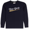 A navy blue long-sleeve crewneck sweatshirt featuring a white 'New York' script graphic and a light brown baseball bat printed across the chest.