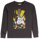 A dark heather gray long-sleeve t-shirt with a large graphic of a black and white electric guitar on the front, decorated with stickers and a yellow background.