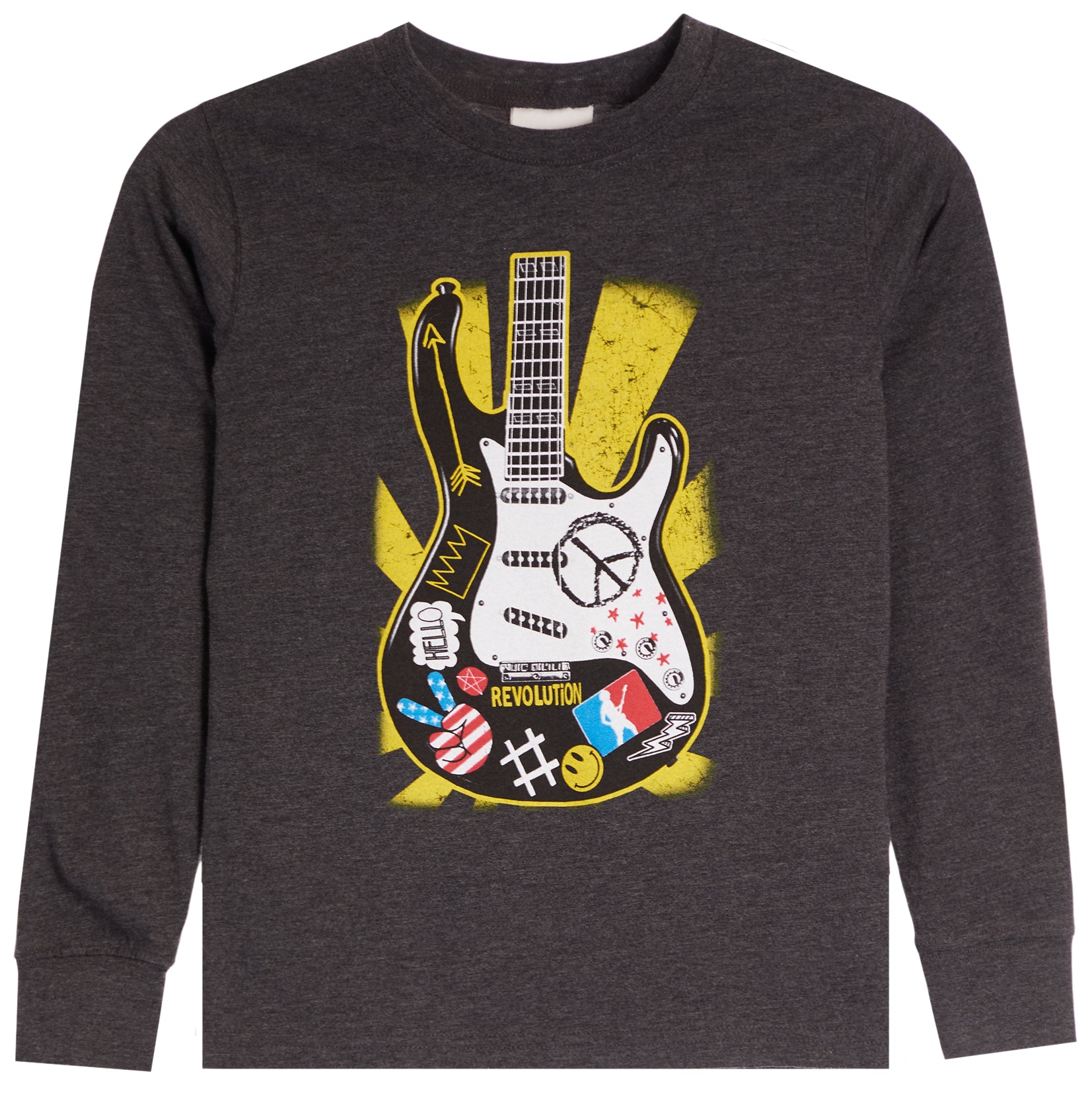 A dark heather gray long-sleeve t-shirt with a large graphic of a black and white electric guitar on the front, decorated with stickers and a yellow background.