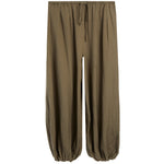 A pair of loose, wide-leg pants in a muted olive-brown or khaki color, featuring an elastic waistband with a drawstring and gathered elastic cuffs at the ankles, shown against a plain white background.