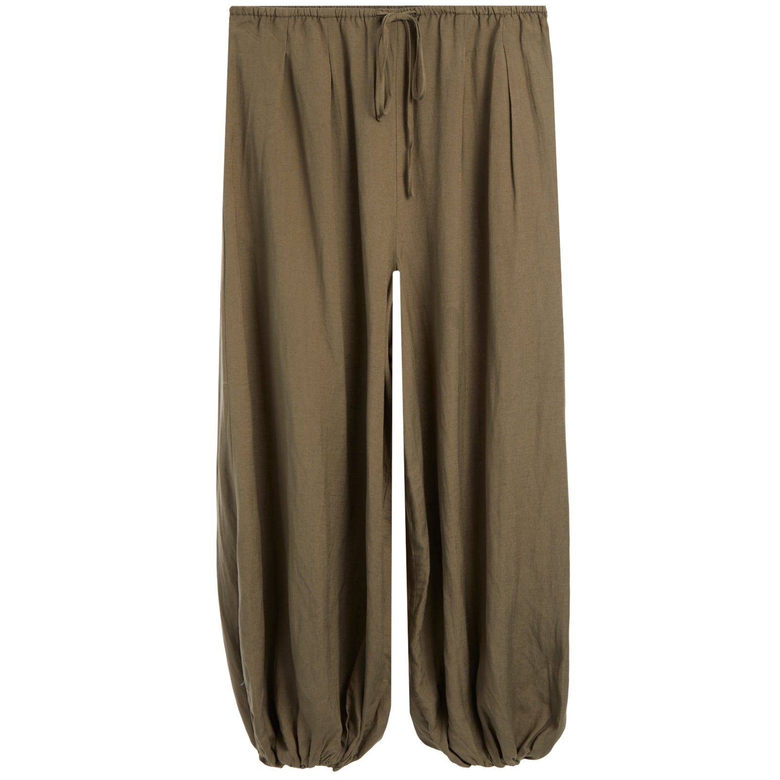 A pair of loose, wide-leg pants in a muted olive-brown or khaki color, featuring an elastic waistband with a drawstring and gathered elastic cuffs at the ankles, shown against a plain white background.
