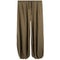 A pair of loose, wide-leg pants in a muted olive-brown or khaki color, featuring an elastic waistband with a drawstring and gathered elastic cuffs at the ankles, shown against a plain white background.