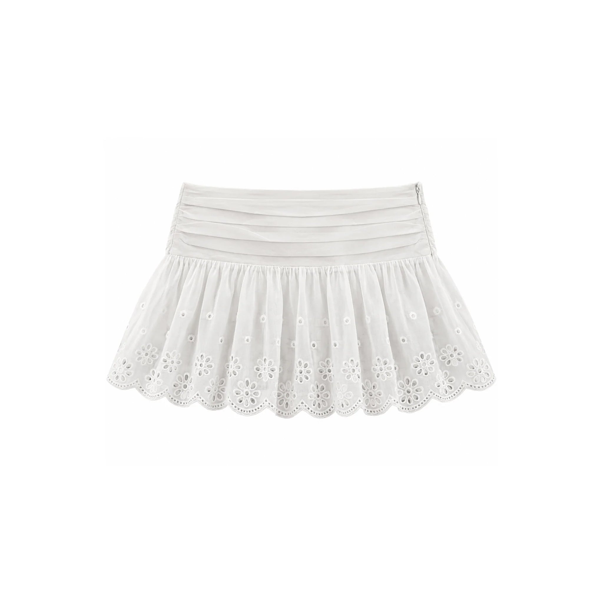 White eyelet tennis skirt with a pleated elastic waistband, shown flat on a white background.
