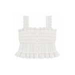 White sleeveless cropped top with intricate lace straps, ruffled trim, and a button-front center, shown on a plain white background.
