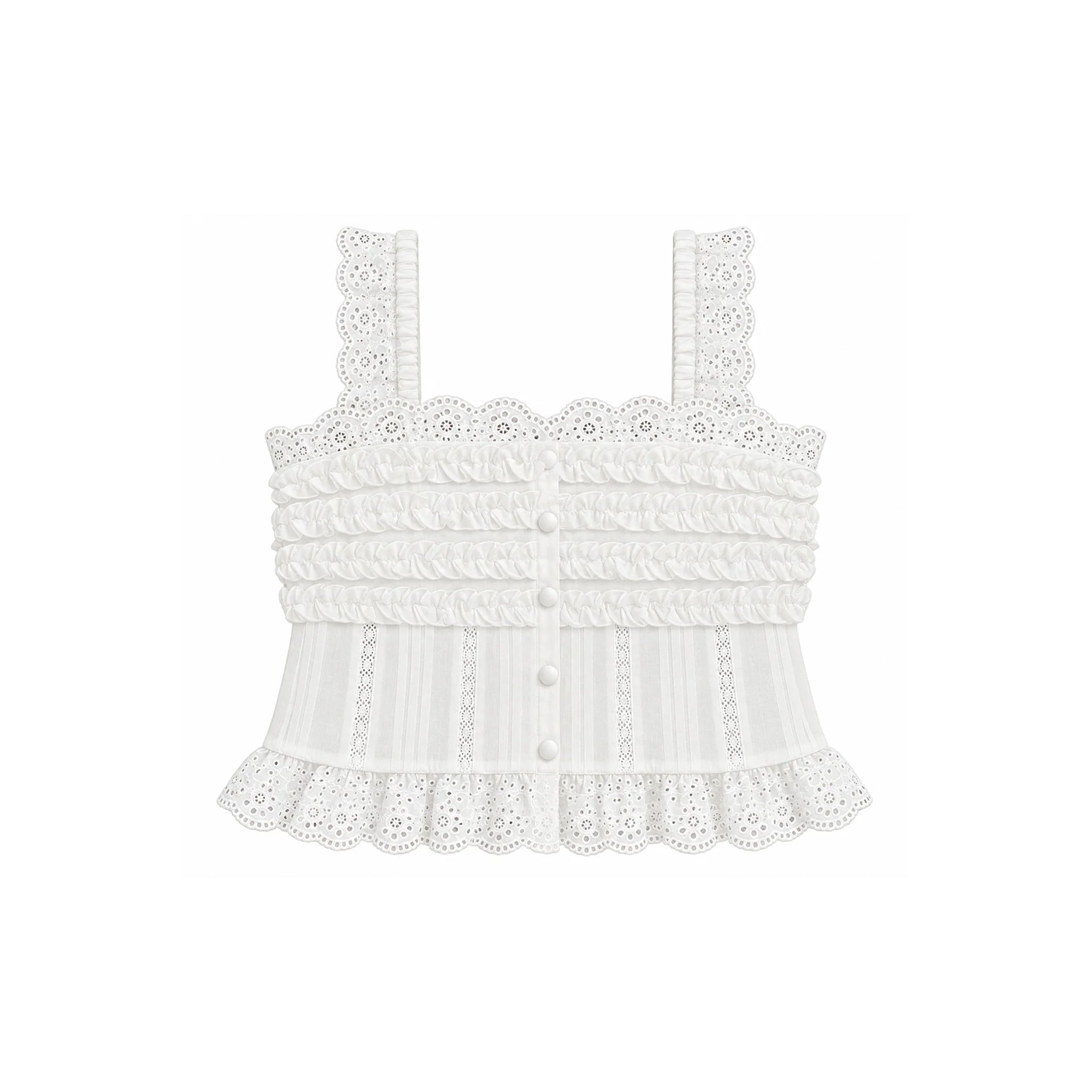 White sleeveless cropped top with intricate lace straps, ruffled trim, and a button-front center, shown on a plain white background.