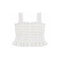 White sleeveless cropped top with intricate lace straps, ruffled trim, and a button-front center, shown on a plain white background.