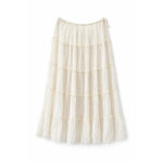 An off-white tiered midi skirt made of lightweight, semi-sheer mesh fabric with a drawstring waist, shown against a plain white background.