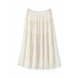 An off-white tiered midi skirt made of lightweight, semi-sheer mesh fabric with a drawstring waist, shown against a plain white background.