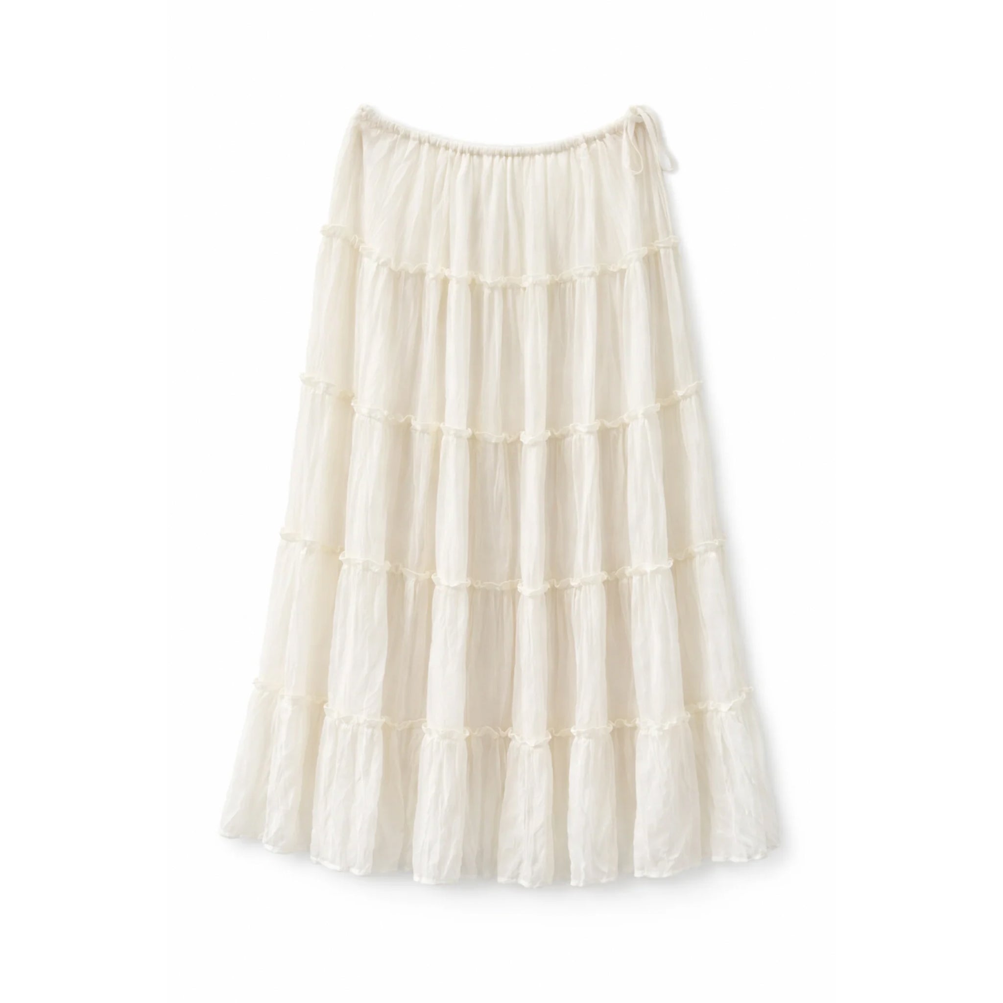 An off-white tiered midi skirt made of lightweight, semi-sheer mesh fabric with a drawstring waist, shown against a plain white background.