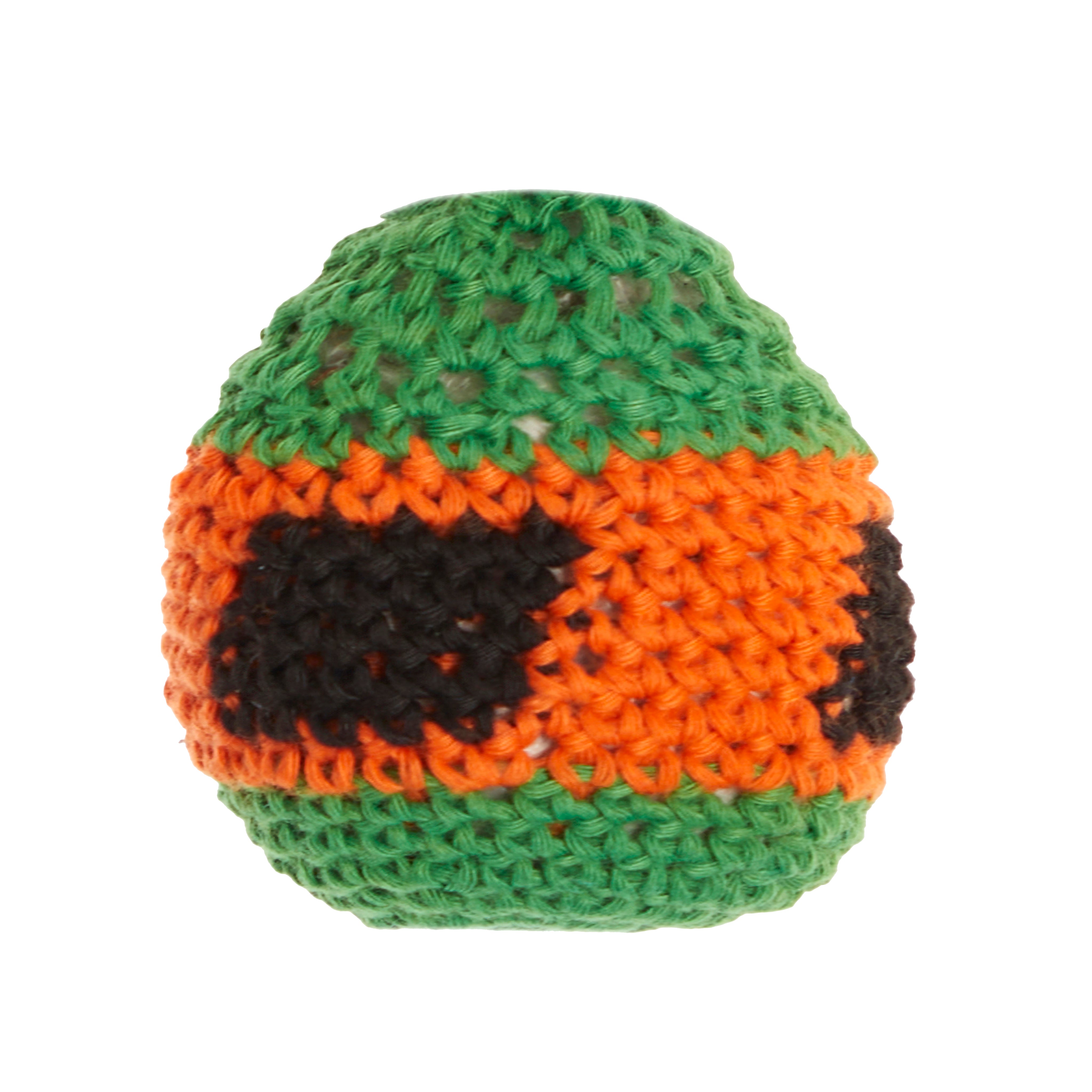 Crocheted hacket sack with green, orange, and black colors on a white background