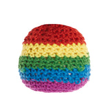 Crocheted hackey sack with red, yellow, green, blue and purple stripes on a white background