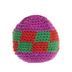 Crocheted hacket sack with purple, red, and green pattern on a white background