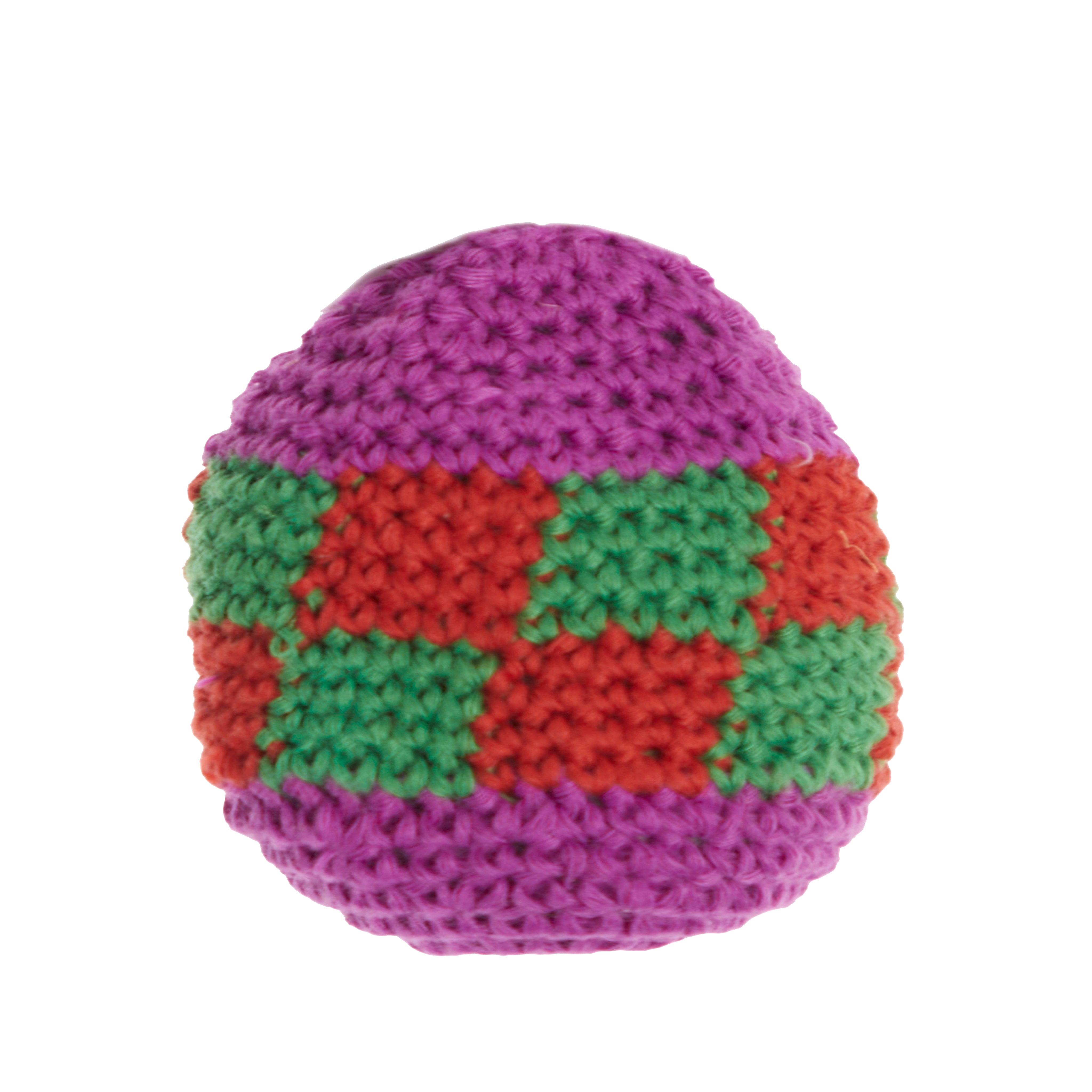 Crocheted hacket sack with purple, red, and green pattern on a white background