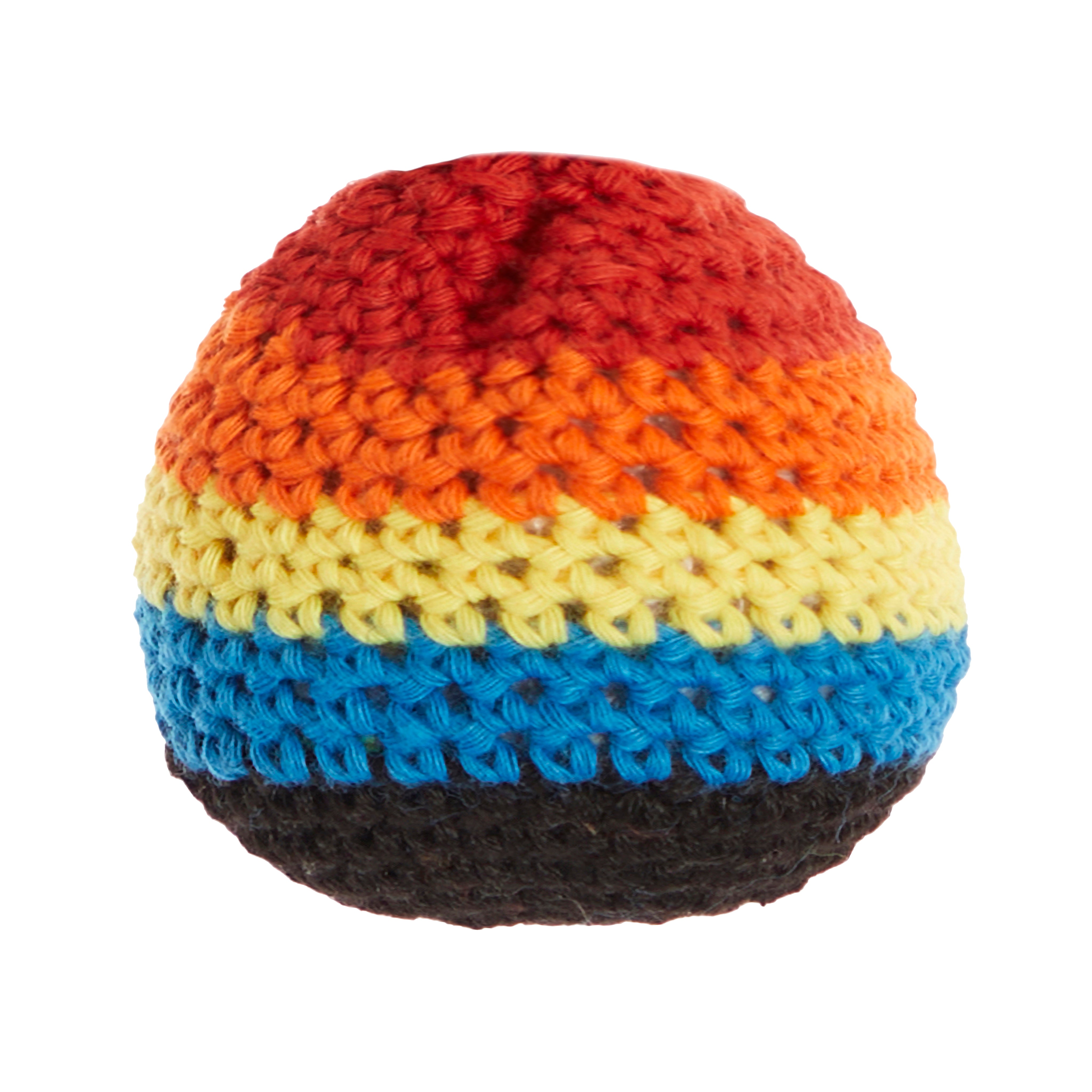 Colorful crocheted hackey sack with red, orange, yellow, blue, and black stripes on a white background.