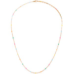 A delicate gold chain necklace with small, evenly spaced colorful beads in pink, green, yellow, and light blue, displayed on a clean white background.
