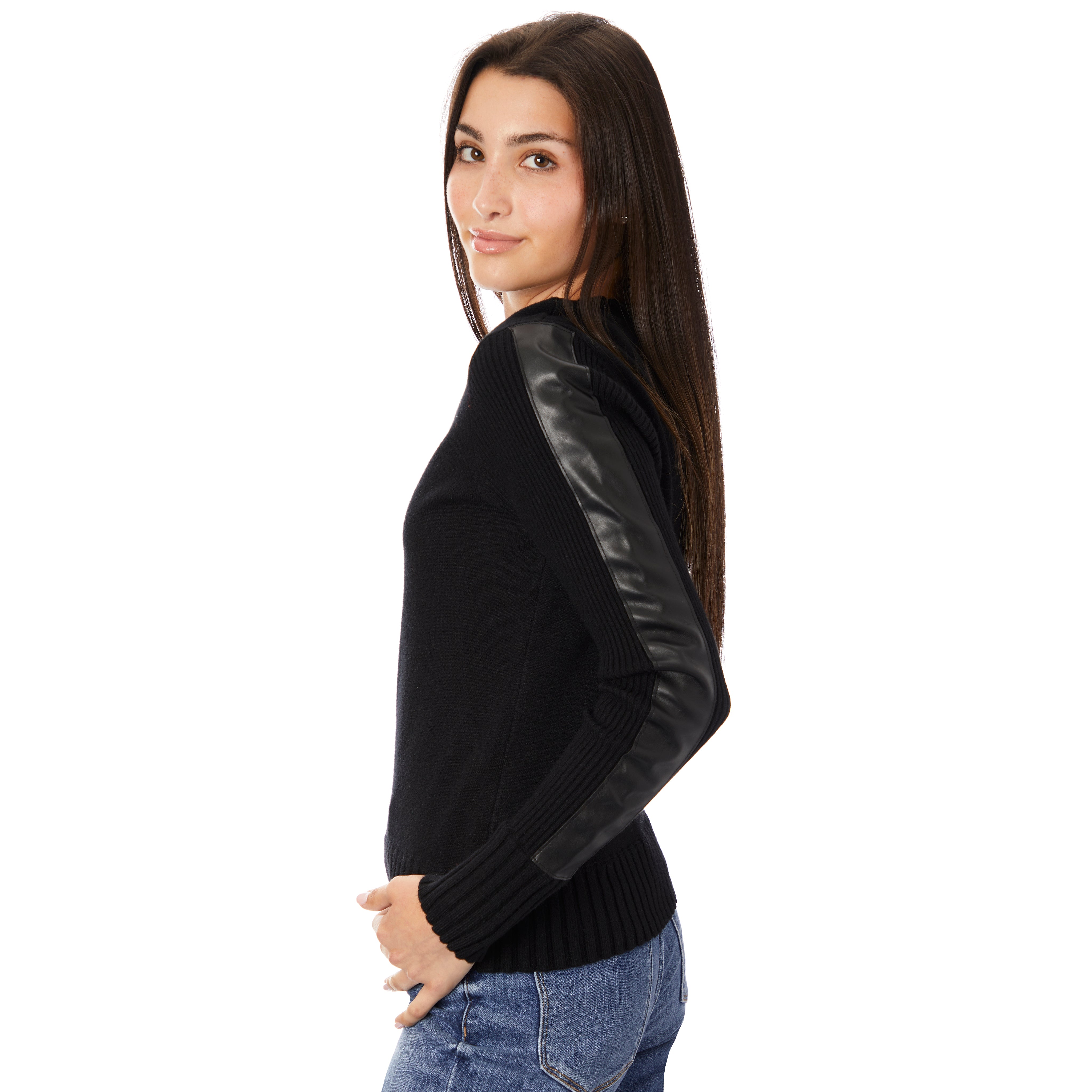 Khloe Leather Stripe Sleeve Sweater - Denny's