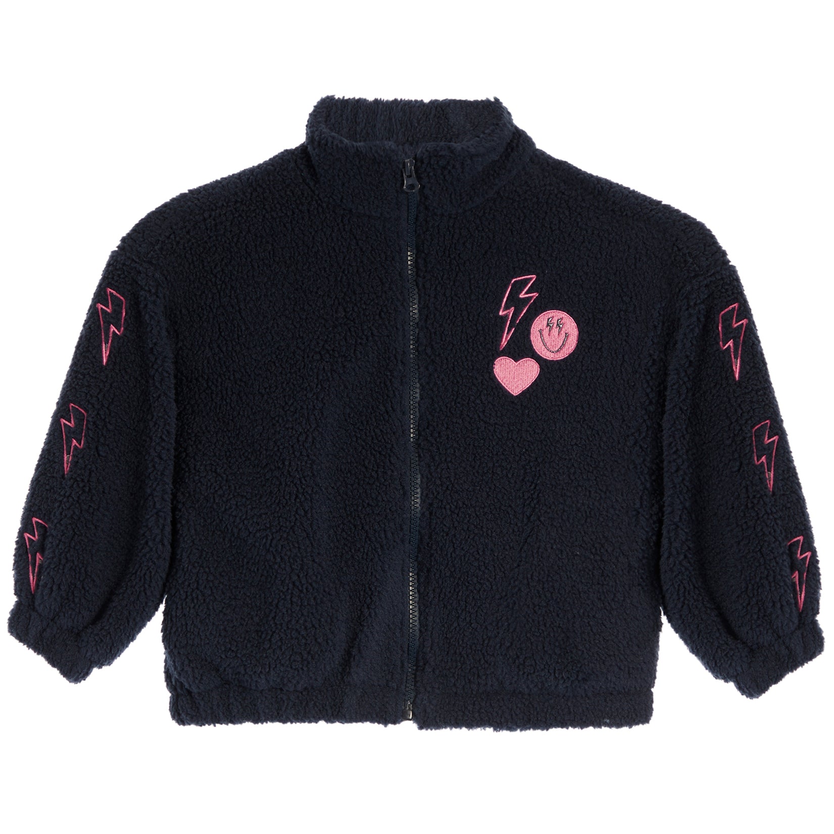 A black sherpa fleece zip-up jacket with pink embroidered lightning bolts on the sleeves and a pink heart-and-smiley patch on the chest, shown on a plain white background.