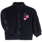 Navy Fleece Zip Up with Bolts down the sleeve and a bolt, smiley and heart on the chest