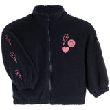 Navy Fleece Zip Up with Bolts down the sleeve and a bolt, smiley and heart on the chest