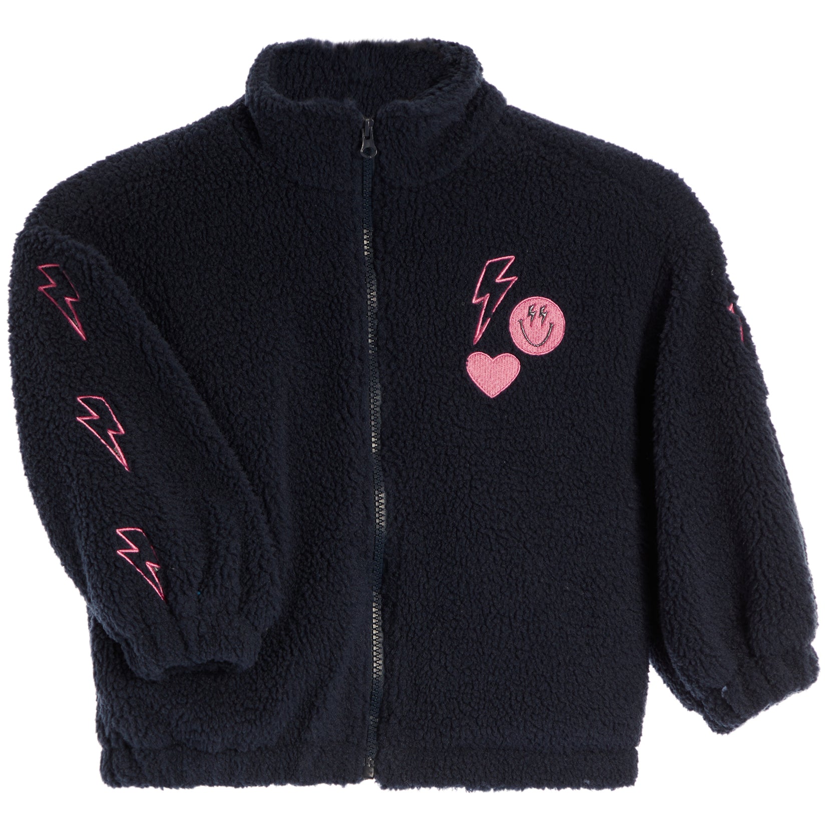 Navy Fleece Zip Up with Bolts down the sleeve and a bolt, smiley and heart on the chest